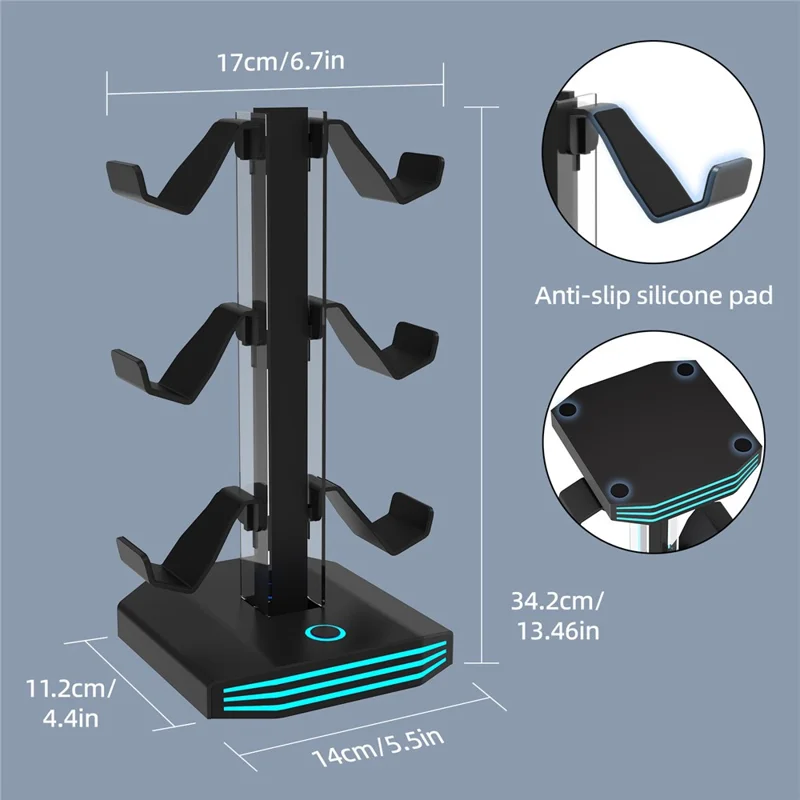 8006S USB Hub Game Controller Holder Control Handle Headphone Storage Stand with 9 RGB Light - Black