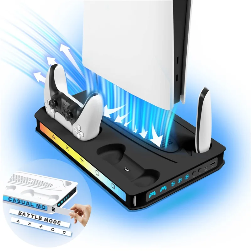 8041 Cooling Fan Base for Sony PlayStation 5 Pro / 5 Slim / 5 Game Console Charger Stand with RGB Light - Black