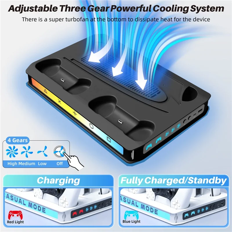 8041 Cooling Fan Base for Sony PlayStation 5 Pro / 5 Slim / 5 Game Console Charger Stand with RGB Light - Black