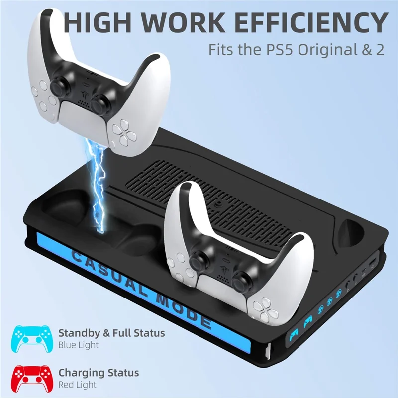 8041 Cooling Fan Base for Sony PlayStation 5 Pro / 5 Slim / 5 Game Console Charger Stand with RGB Light - Black