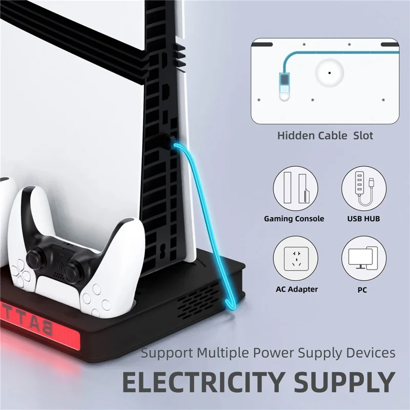 8041 Cooling Fan Base for Sony PlayStation 5 Pro / 5 Slim / 5 Game Console Charger Stand with RGB Light - Black