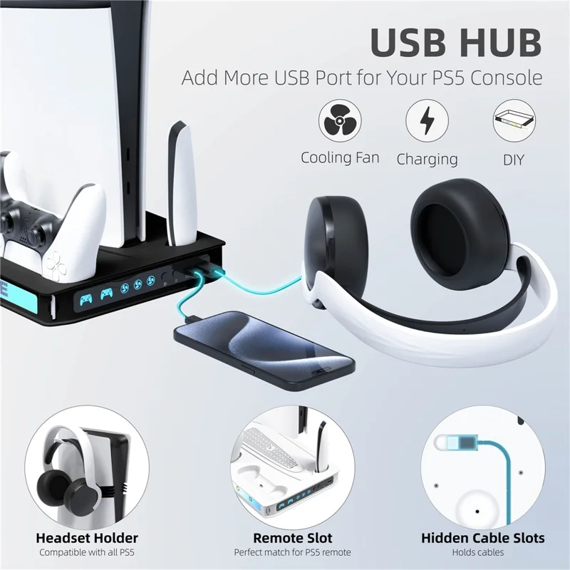 8041 Cooling Fan Base for Sony PlayStation 5 Pro / 5 Slim / 5 Game Console Charger Stand with RGB Light - Black