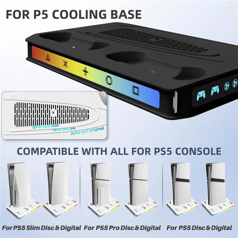 8041 Cooling Fan Base for Sony PlayStation 5 Pro / 5 Slim / 5 Game Console Charger Stand with RGB Light - Black
