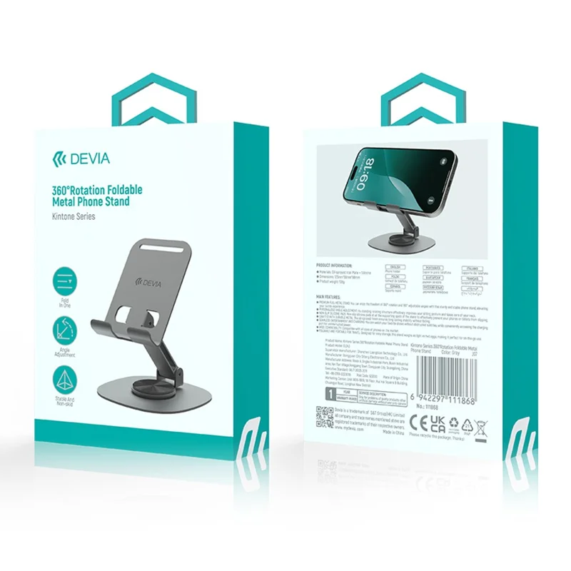 DEVIA EL243 360 Degree Rotation Foldable Metal Phone Stand Desktop Phone Holder - Grey