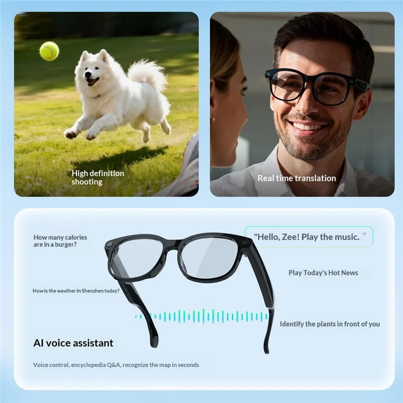 FG01 AI Smart Bluetooth-Compatible Glasses Calling Music Voice Assistant Photochromic Lenses 512M Memory - Black