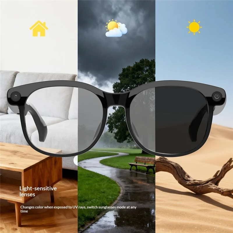 FG01 AI Smart Bluetooth-Compatible Glasses Calling Music Voice Assistant Photochromic Lenses 512M Memory - Black