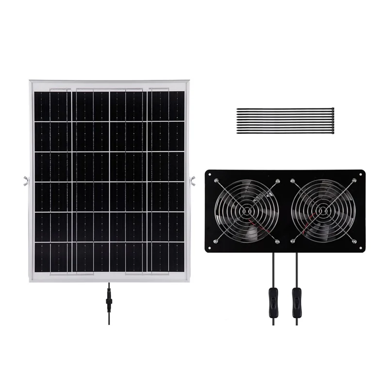 30WG-2FAN14 Solar Exhaust Fan Kit 30W Solar Panel Animal Pet House Exhaust Fan - Black