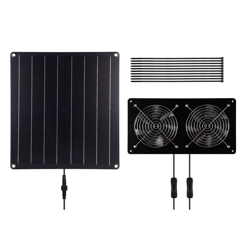 20W-2FAN14 Solar Exhaust Fan Kit 20W Solar Panel Animal Pet House Exhaust Fan - Black