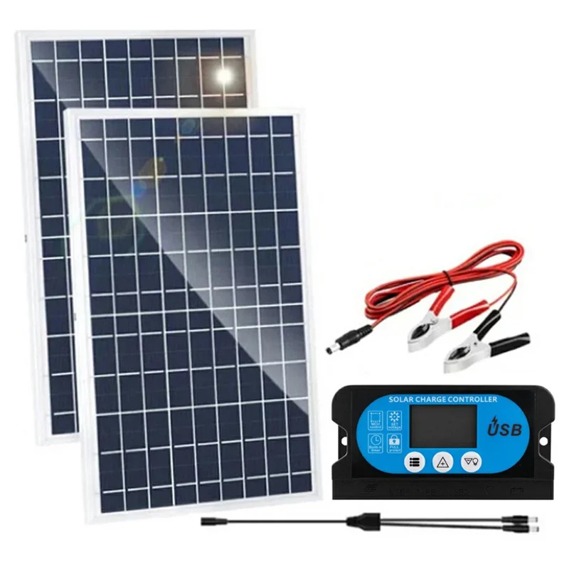 LK325-255+60A(CON10BL) 2Pcs Solar Panel Kit 30W Monocrystalline Silicon Solar Charger with 60A Controller, Aluminum Alloy Frame - White