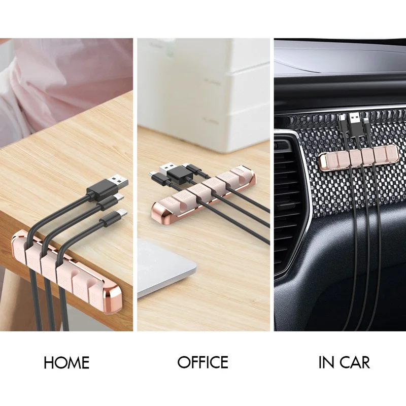 AHASTYLE PT125 2 Pcs Cable Management Organizer Aluminum Alloy Silicone 5 Slots Desktop Wire Holder Clip - Pink