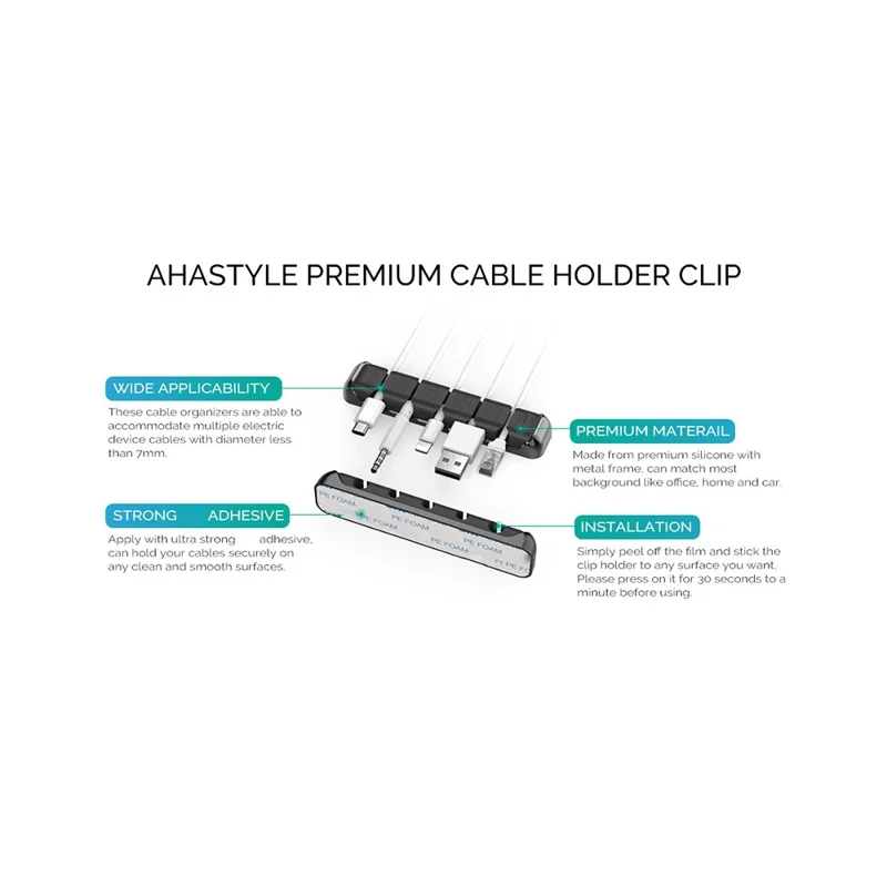 AHASTYLE PT125 3 Pcs Cable Management Organizer Aluminum Alloy Silicone 5 Slots Desktop Wire Holder Clip - Pink