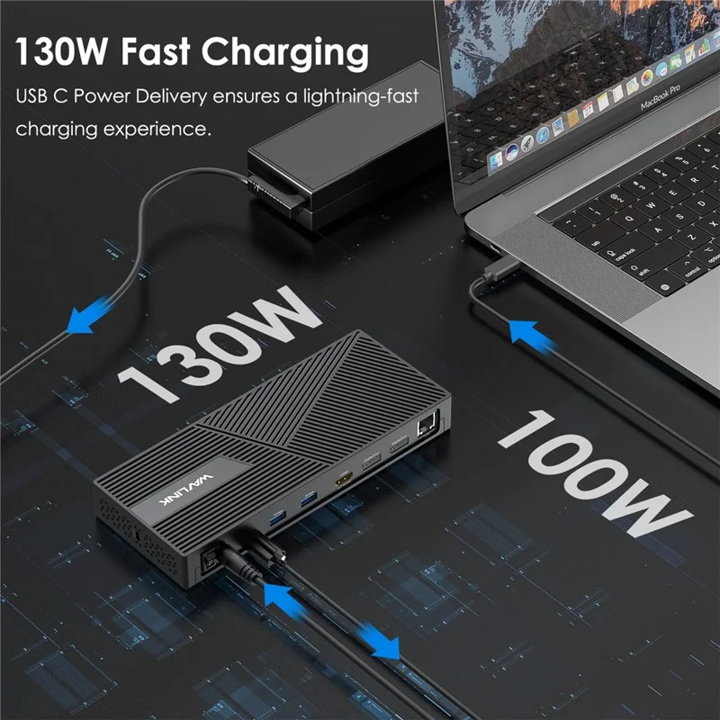 WAVLINK UG69PD24PRO 12-in-1-Dockingstation mit Unterstützung für dreifaches 4K-Display, 130-W-Schnellladung mit PD – EU-Stecker