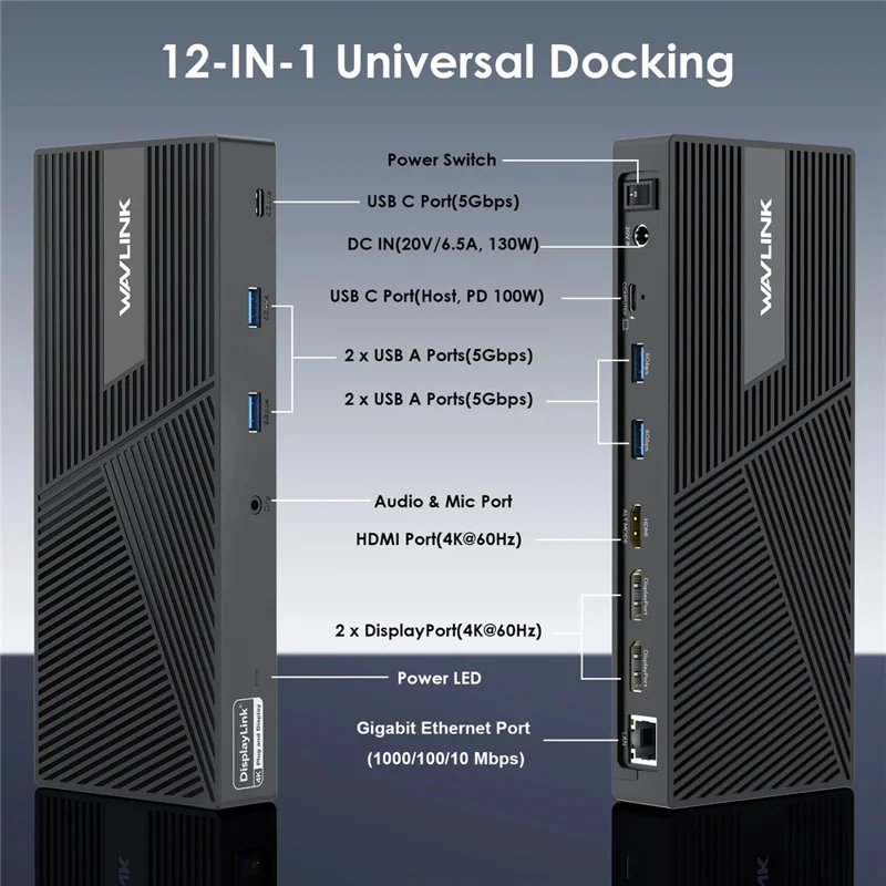 WAVLINK UG69PD24PRO 12-in-1-Dockingstation mit Unterstützung für dreifaches 4K-Display, 130-W-Schnellladung mit PD – EU-Stecker