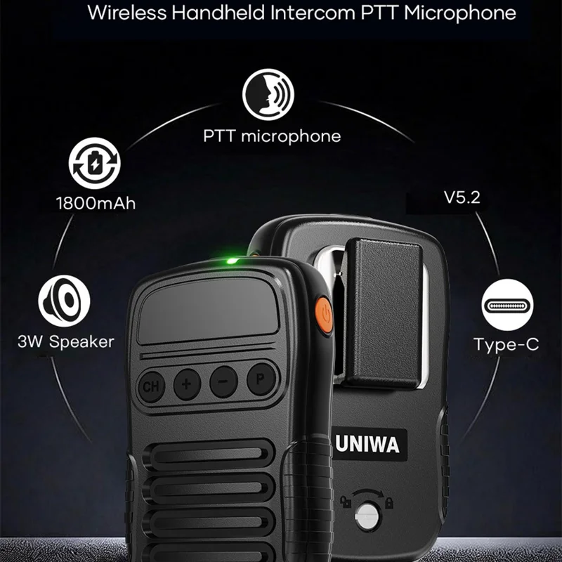 UNIWA BM008 Wireless Handheld Intercom PTT Microphone Bluetooth-Compatible 3W Speaker Walkie Talkie - Black