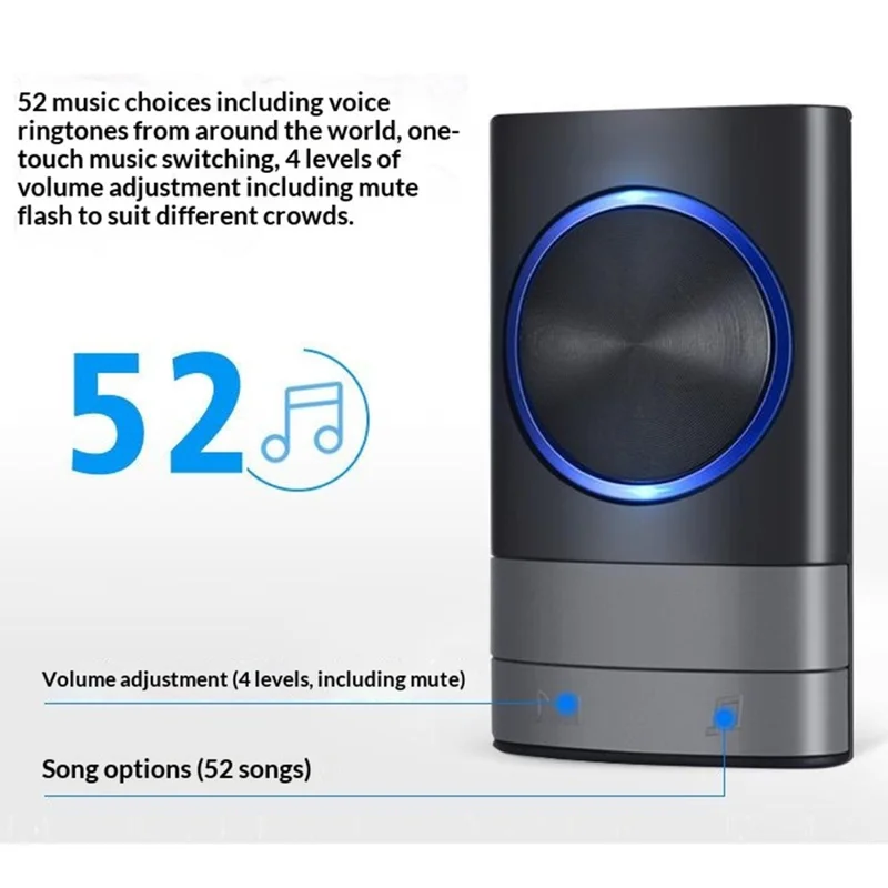 N189 52 Melodies Waterproof 200M Range Wireless Digital Music Doorbell, 1 Transmitter + 1 Receiver - EU Plug