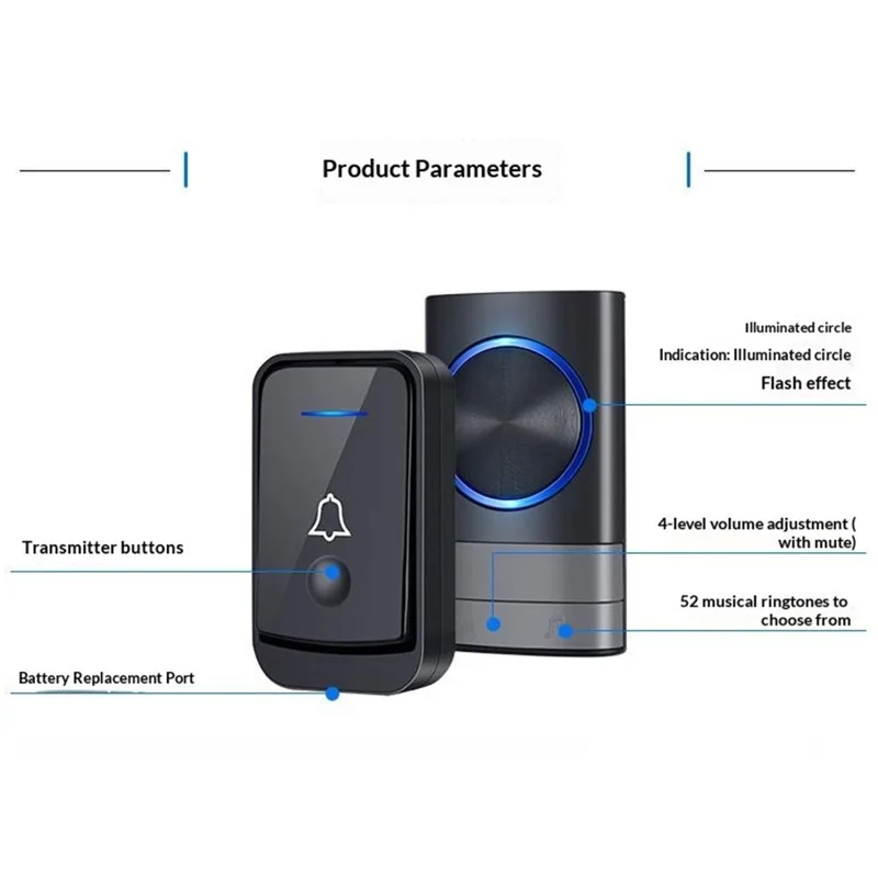 N189 52 Melodies Waterproof 200M Range Wireless Digital Music Doorbell, 1 Transmitter + 2 Receiver - EU Plug