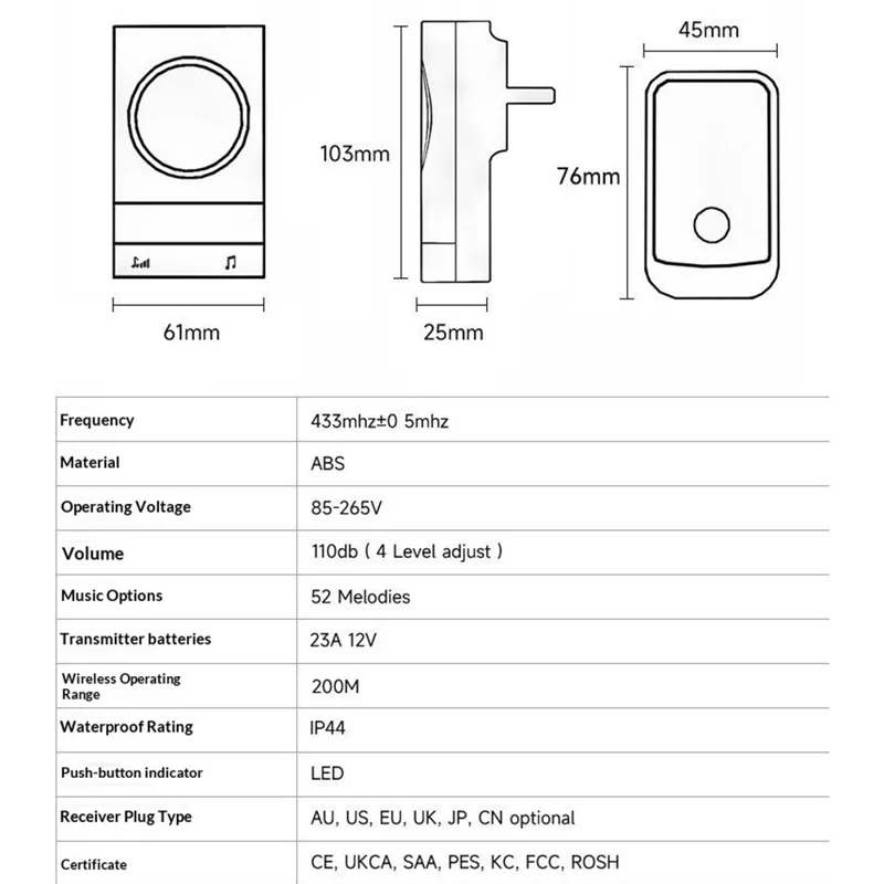 N189 52 Melodies Waterproof 200M Range Wireless Digital Music Doorbell, 1 Transmitter + 2 Receiver - EU Plug