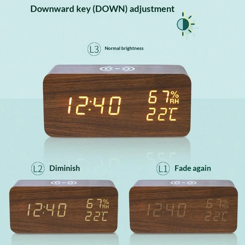 Relógio Despertador LED Digital em Madeira YC-9087 com Exibição de Temperatura e Humidade, Almofada de Carregamento Sem Fios Incorporada (Sem Bateria) - Madeira Castanha Luz Branca