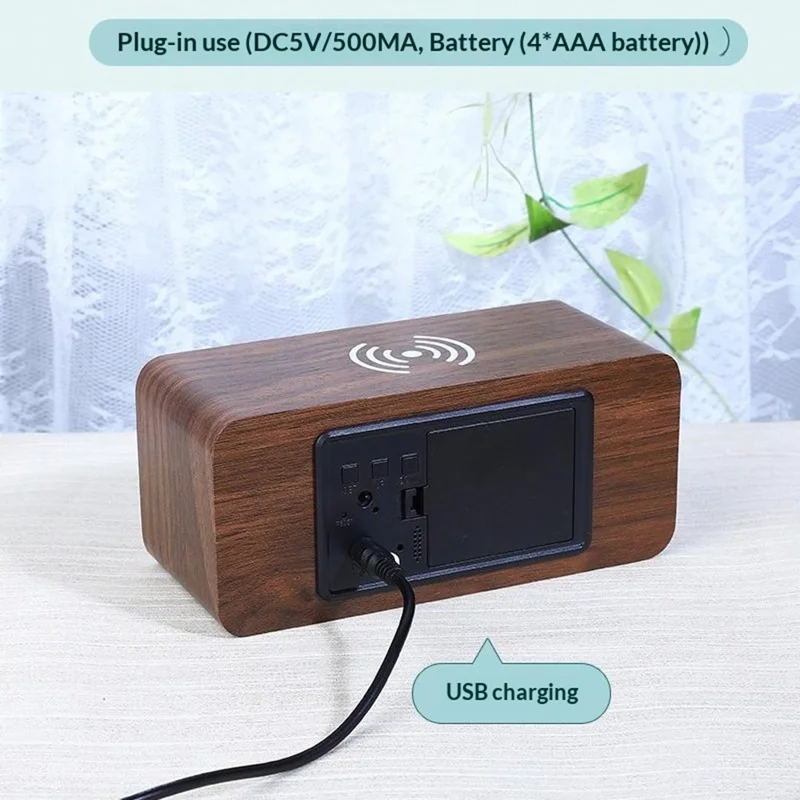 Relógio Despertador LED Digital em Madeira YC-9087 com Exibição de Temperatura e Humidade, Almofada de Carregamento Sem Fios Incorporada (Sem Bateria) - Madeira Castanha Luz Branca