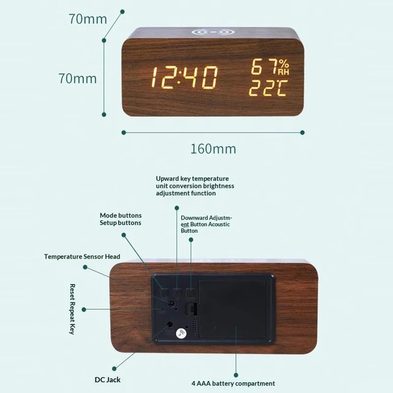 Relógio Despertador LED Digital em Madeira YC-9087 com Exibição de Temperatura e Humidade, Almofada de Carregamento Sem Fios Incorporada (Sem Bateria) - Madeira Castanha Luz Branca