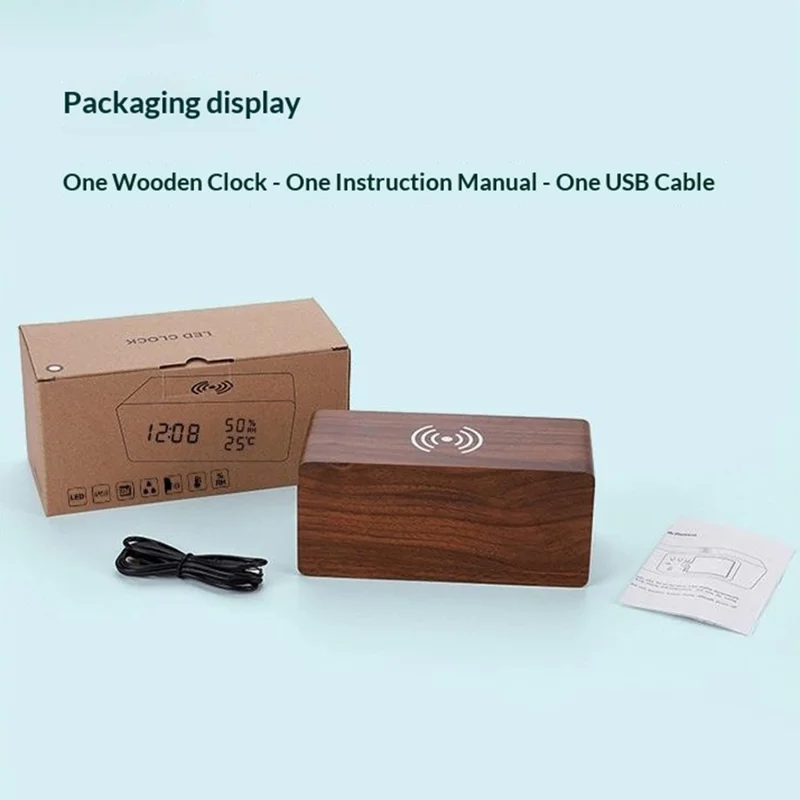 Relógio Despertador LED Digital em Madeira YC-9087 com Exibição de Temperatura e Humidade, Almofada de Carregamento Sem Fios Incorporada (Sem Bateria) - Madeira Castanha Luz Branca