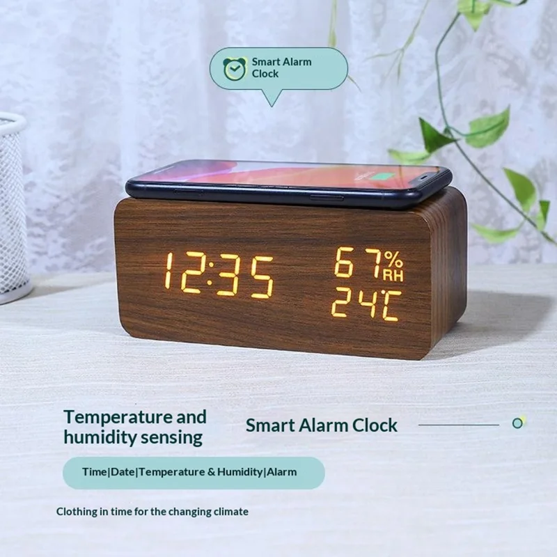 Relógio Despertador LED Digital em Madeira YC-9087 com Exibição de Temperatura e Humidade, Almofada de Carregamento Sem Fios Incorporada (Sem Bateria) - Madeira Castanha Luz Branca