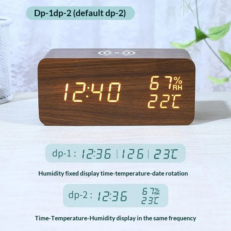 Relógio Despertador LED Digital em Madeira YC-9087 com Exibição de Temperatura e Humidade, Almofada de Carregamento Sem Fios Incorporada (Sem Bateria) - Madeira Castanha Luz Branca