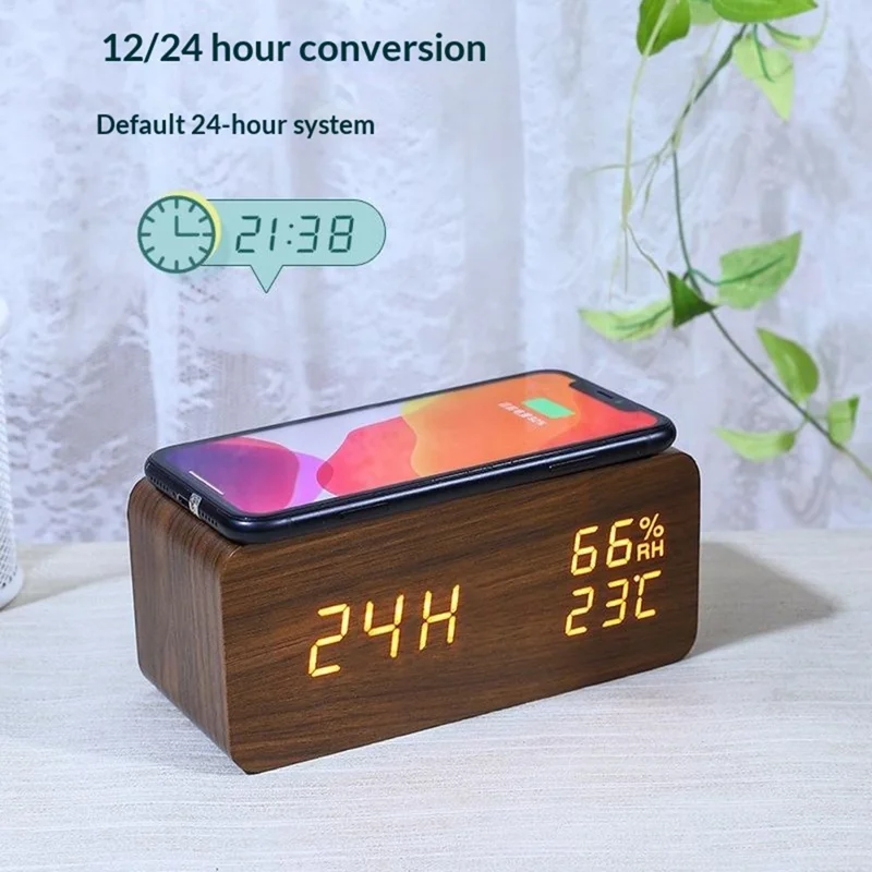 Relógio Despertador LED Digital em Madeira YC-9087 com Exibição de Temperatura e Humidade, Almofada de Carregamento Sem Fios Incorporada (Sem Bateria) - Madeira Castanha Luz Branca