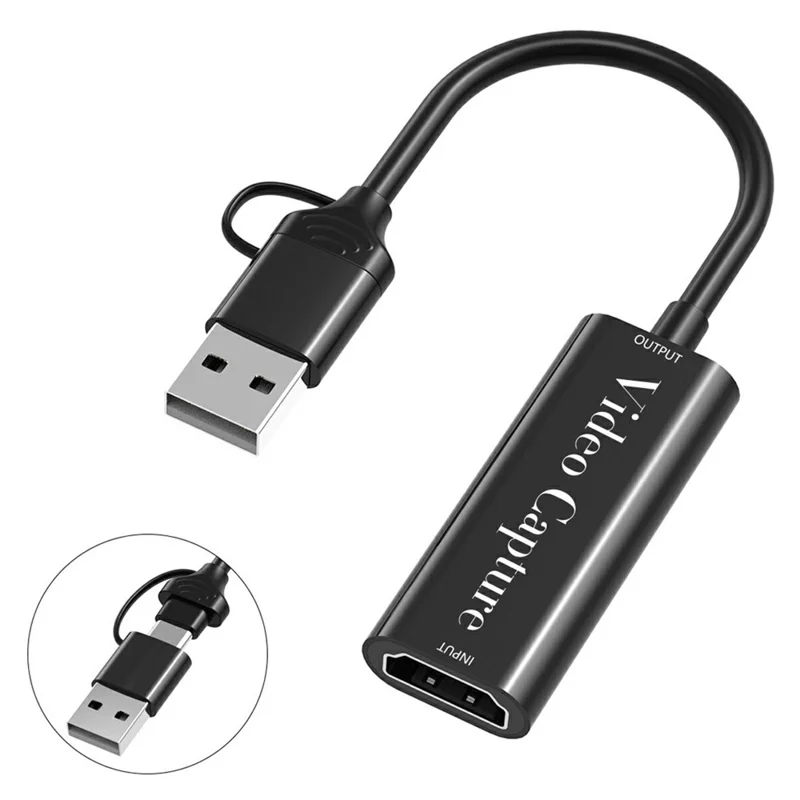 HU-02A HD to USB-A / Type-C 2 in 1 Video Capture Card for Gaming Console / PC / Phone Live Streaming Adapter Cable (Chip: MS2109) - Black