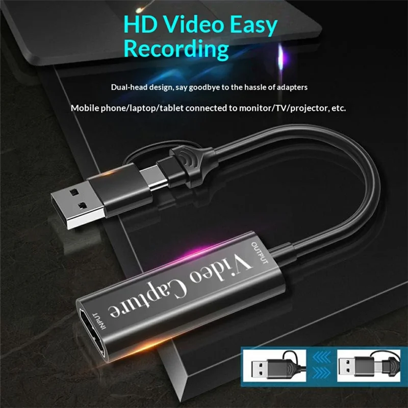 HU-02A HD to USB-A / Type-C 2 in 1 Video Capture Card for Gaming Console / PC / Phone Live Streaming Adapter Cable (Chip: MS2109) - Black