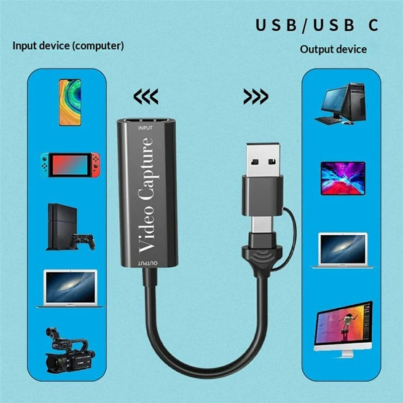 HU-02A HD to USB-A / Type-C 2 in 1 Video Capture Card for Gaming Console / PC / Phone Live Streaming Adapter Cable (Chip: MS2109) - Black