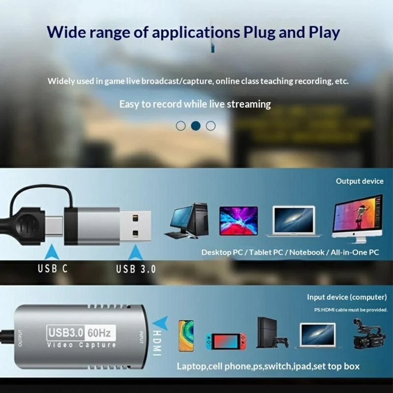 Scheda di Acquisizione Video HU-08A HD a USB 3.0 / USB-C 2 in 1 Adattatore di Acquisizione HD 1080P 60Hz (Chip: MS2130) - Grigio