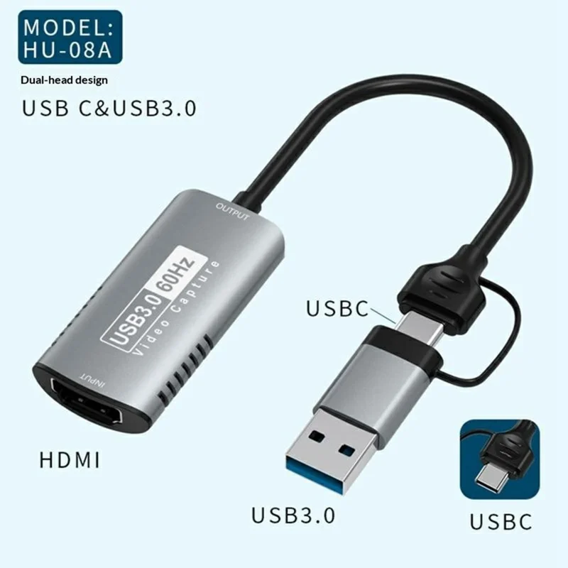 Scheda di Acquisizione Video HU-08A HD a USB 3.0 / USB-C 2 in 1 Adattatore di Acquisizione HD 1080P 60Hz (Chip: MS2130) - Grigio