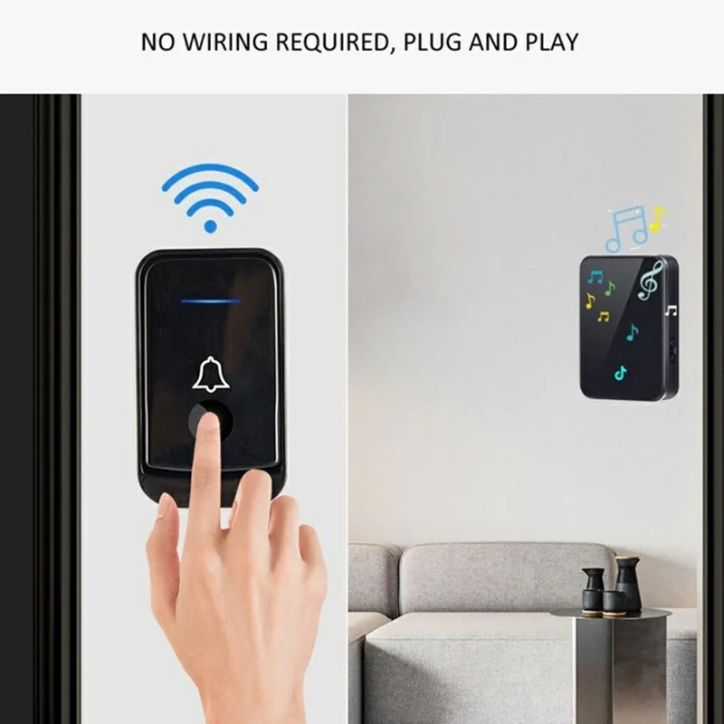 Q502 433MHz Doorbell Inalámbrico con 1 Transmisor + 1 Receptor 45 Timbres IP44 Resistente al Agua - Negro