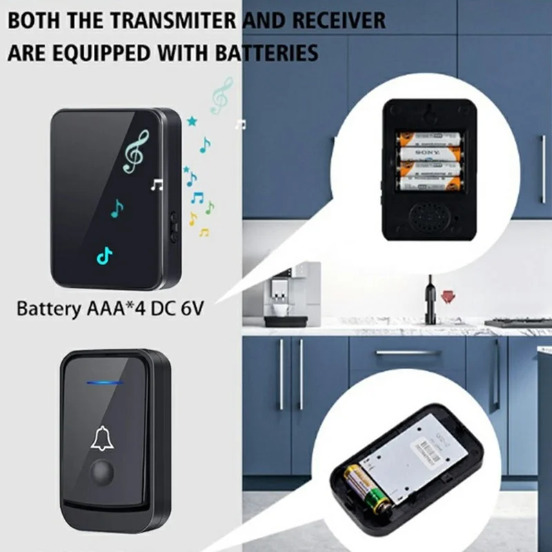 Q502 433MHz Doorbell Inalámbrico con 1 Transmisor + 1 Receptor 45 Timbres IP44 Resistente al Agua - Negro