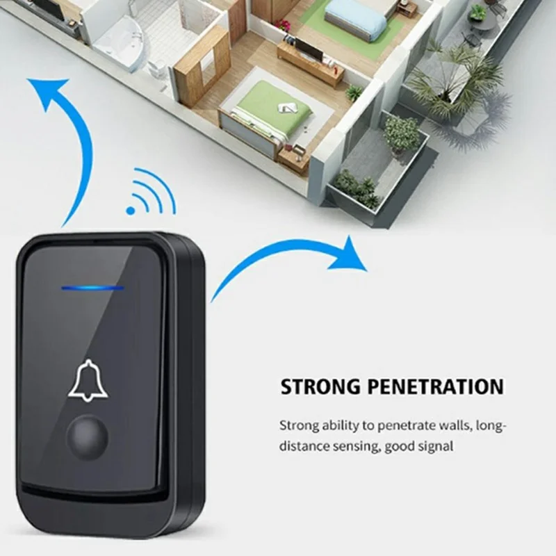 Q502 433MHz Doorbell Inalámbrico con 1 Transmisor + 1 Receptor 45 Timbres IP44 Resistente al Agua - Negro