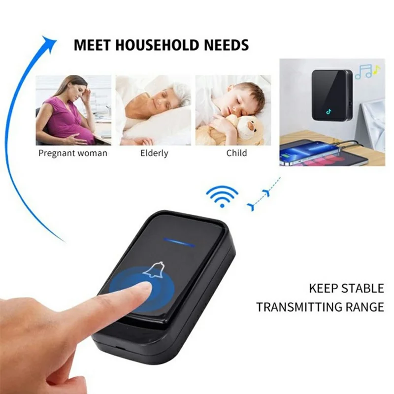 Q502 433MHz Wireless Doorbell with 2 Transmitters + 1 Receiver 45 Ringtones IP44 Waterproof Door Chime - Black