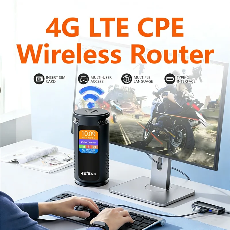Q52-E 4G WiFi Router without Battery SIM Card Slot LCD Display WiFi 6 CPE 300Mbps Modem with RJ45 Port, Eurasian Version / Black - US Plug