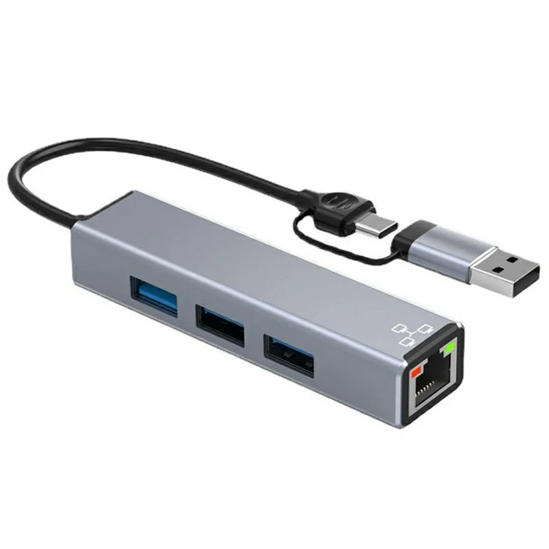 HC-78 4 in 1 Hub Ethernet Adapter USB C / USB A to USB 3.0 / 2.0 RJ45 Network Card Splitter Docking Station - Grey