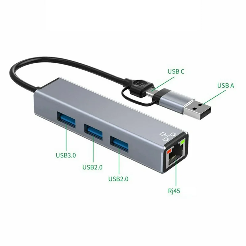 HC-78 4 in 1 Hub Ethernet Adapter USB C / USB A to USB 3.0 / 2.0 RJ45 Network Card Splitter Docking Station - Grey