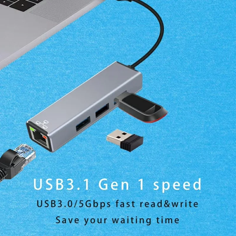 HC-78 4 in 1 Hub Ethernet Adapter USB C / USB A to USB 3.0 / 2.0 RJ45 Network Card Splitter Docking Station - Grey