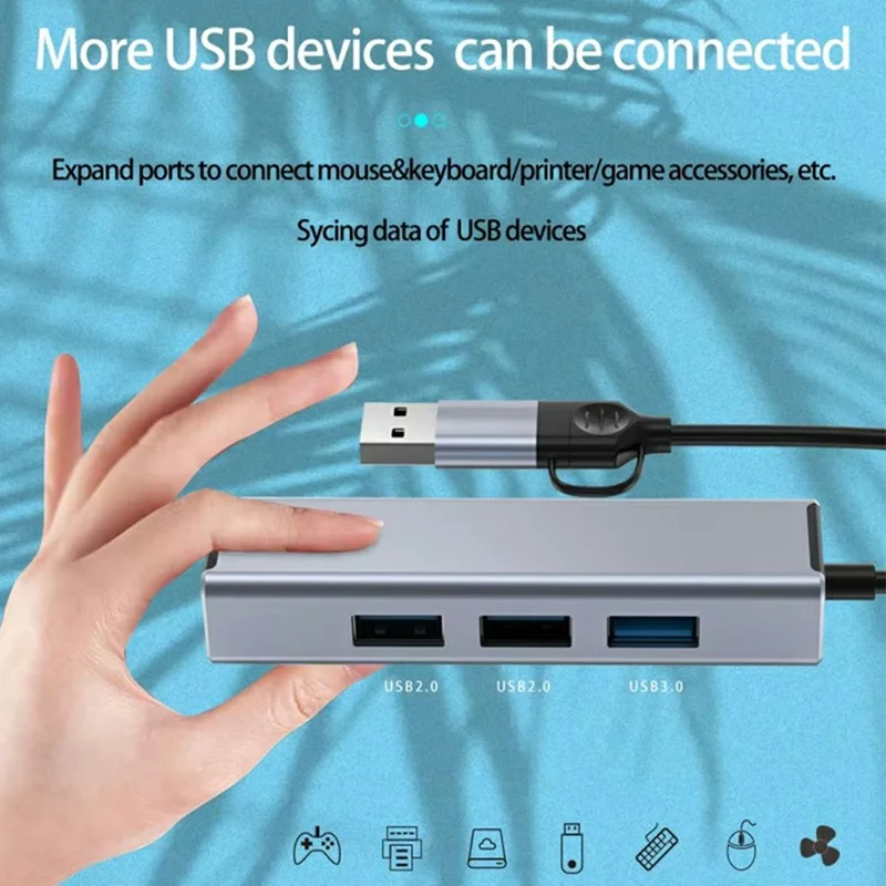 HC-78 4 in 1 Hub Ethernet Adapter USB C / USB A to USB 3.0 / 2.0 RJ45 Network Card Splitter Docking Station - Grey