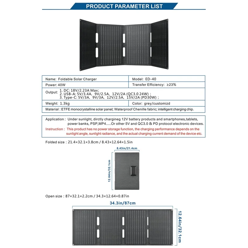 DE-40 40W Solar Charger with Type-C  /  USB  /  DC Ports IP65 Waterproof Foldable Monocrystalline Solar Panel - Black