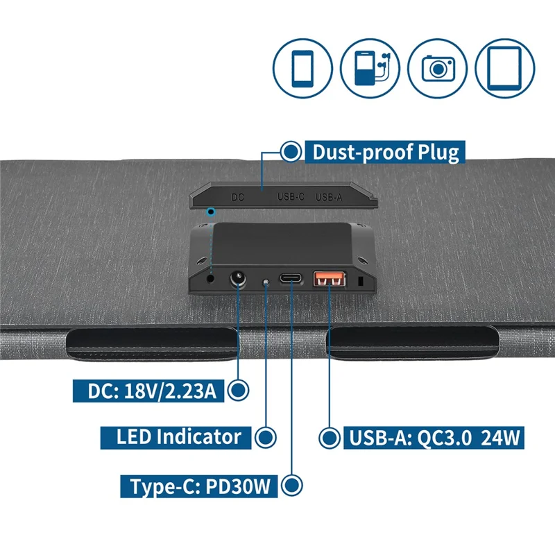 DE-40 40W Solar Charger with Type-C  /  USB  /  DC Ports IP65 Waterproof Foldable Monocrystalline Solar Panel - Black