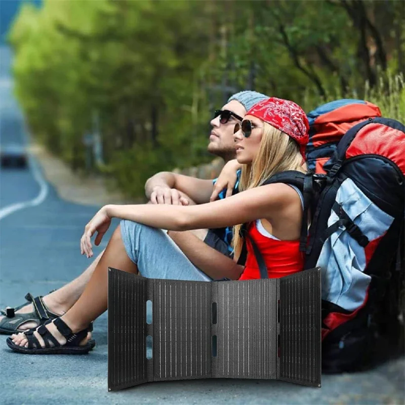 DE-60 60W Foldable Solar Panel Charger with Type-C / USB / DC Ports IP65 Waterproof Monocrystalline Solar Charger - Black