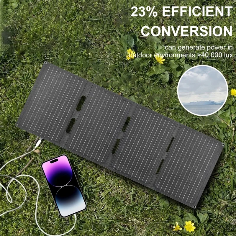 DE-60 60W Foldable Solar Panel Charger with Type-C / USB / DC Ports IP65 Waterproof Monocrystalline Solar Charger - Black