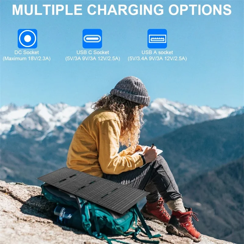 DE-60 60W Foldable Solar Panel Charger with Type-C / USB / DC Ports IP65 Waterproof Monocrystalline Solar Charger - Black