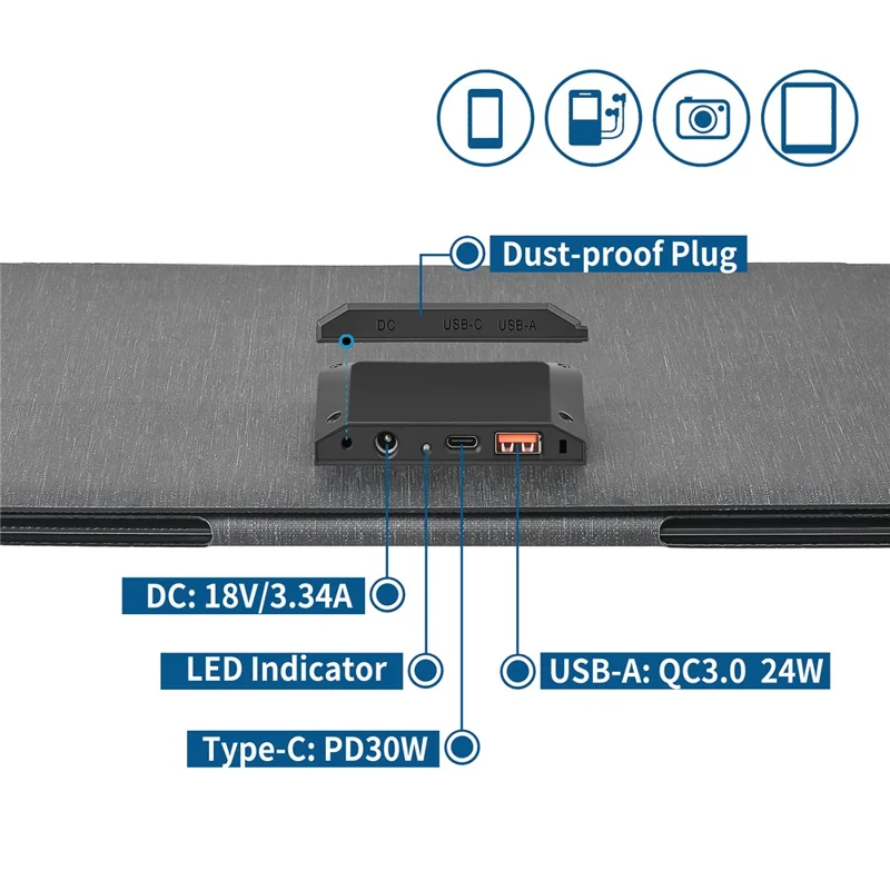 DE-60 60W Foldable Solar Panel Charger with Type-C / USB / DC Ports IP65 Waterproof Monocrystalline Solar Charger - Black