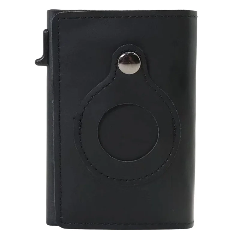 Portefeuille bifold avec protection RFID pour AirTag en cuir de vache véritable et boîtier à carte escamotable en alliage d'aluminium - Noir
