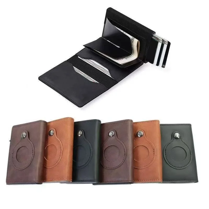 Portefeuille bifold avec protection RFID pour AirTag en cuir de vache véritable et boîtier à carte escamotable en alliage d'aluminium - Noir